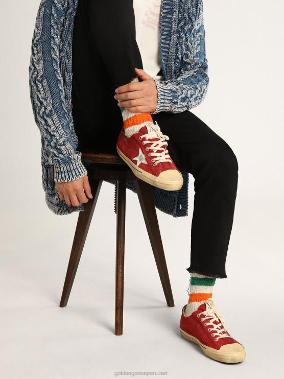 FDVPX649 Golden Goose hombres Zapatillas deportivas v-star ltd de ante rojo oscuro con estrella de piel metalizada plateada y refuerzo en el talón