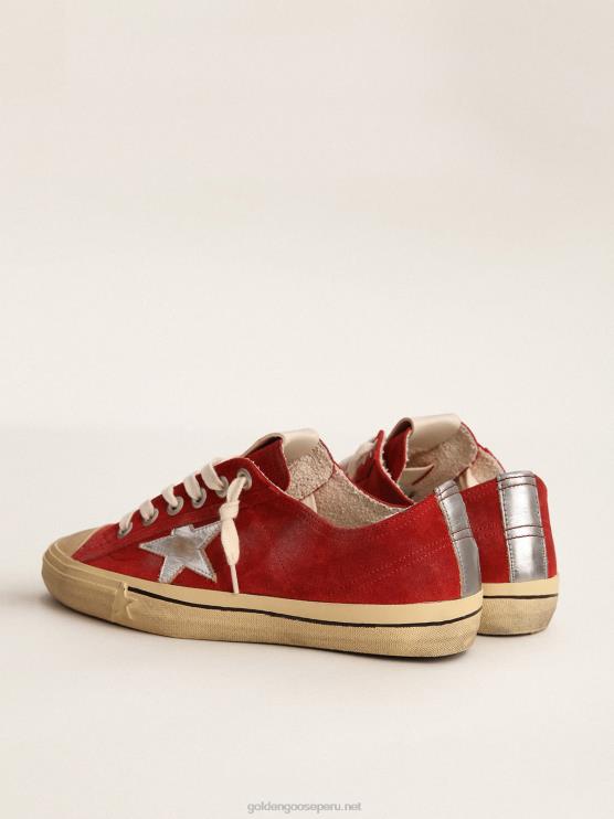 FDVPX649 Golden Goose hombres Zapatillas deportivas v-star ltd de ante rojo oscuro con estrella de piel metalizada plateada y refuerzo en el talón