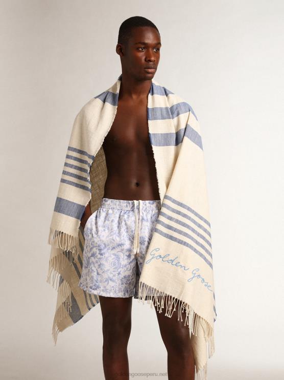 FDVPX302 Golden Goose mujer Toalla de playa de algodón colección resort con rayas azules y flecos