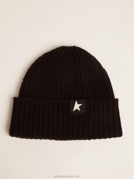 FDVPX375 Golden Goose mujer gorro de lana negro con estrella blanca en contraste