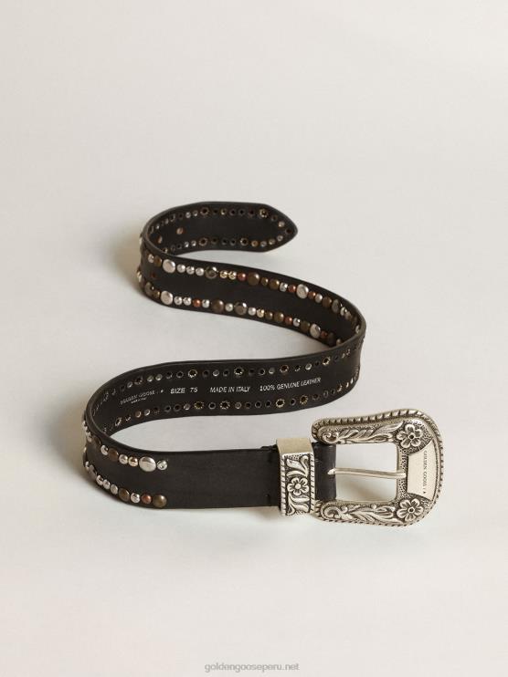 FDVPX289 Golden Goose mujer cinturón de encaje en piel negra con tachuelas de colores