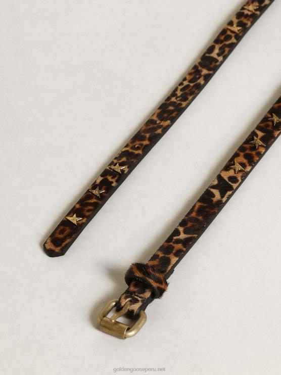 FDVPX308 Golden Goose mujer cinturón molly de piel de potro con estampado de leopardo negro y marrón y tachuelas en forma de estrella