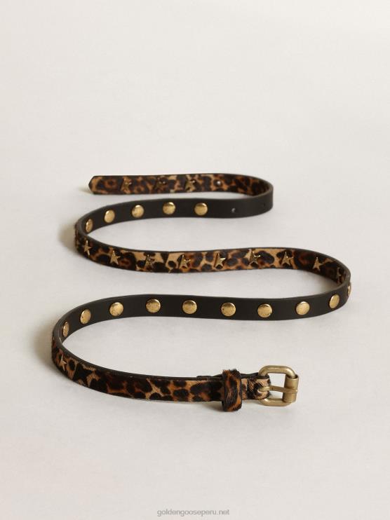 FDVPX308 Golden Goose mujer cinturón molly de piel de potro con estampado de leopardo negro y marrón y tachuelas en forma de estrella