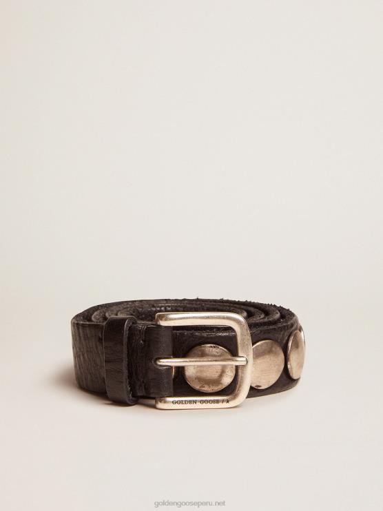 FDVPX317 Golden Goose mujer cinturón trinidad negro de piel lavada con tachuelas color plata envejecida