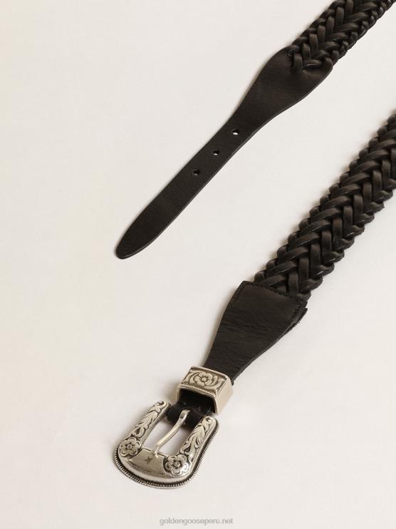 FDVPX390 Golden Goose mujer cinturón en piel trenzada negra con hebilla plateada