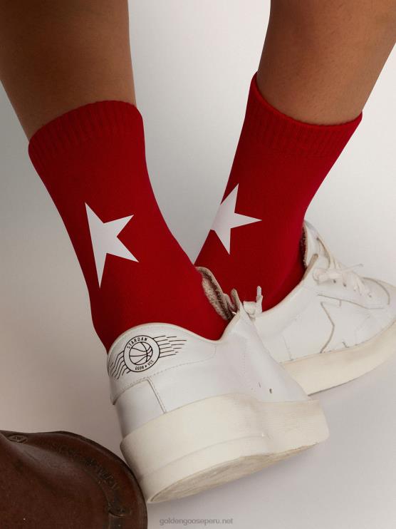 FDVPX334mujer calcetines de algodón rojo con estrella de ganso dorada blanca