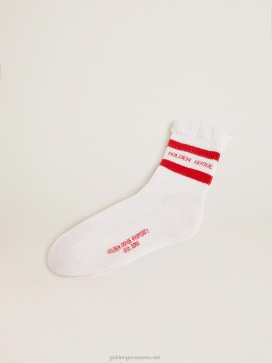FDVPX348 Golden Goose mujer calcetines de algodón con acabados envejecidos rayas rojas y logo