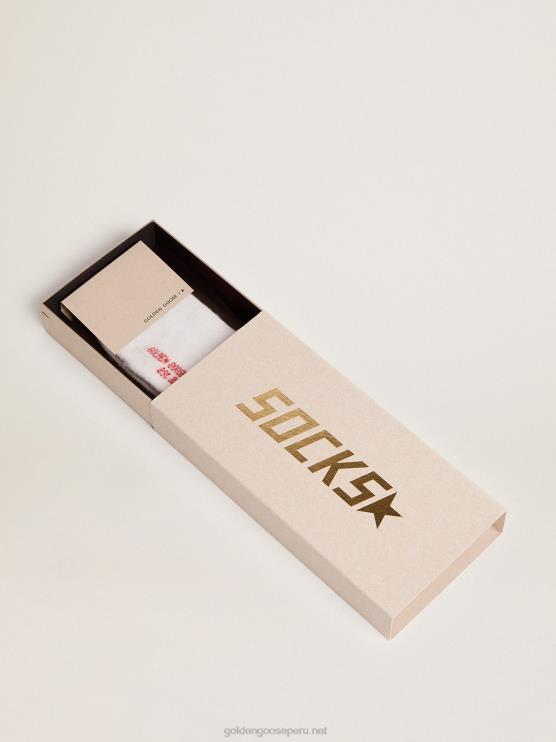 FDVPX348 Golden Goose mujer calcetines de algodón con acabados envejecidos rayas rojas y logo