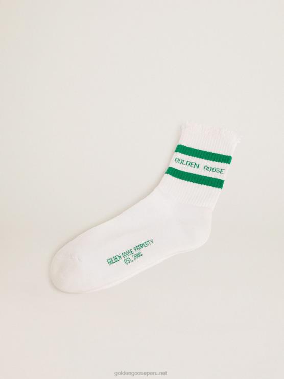 FDVPX407 Golden Goose mujer calcetines de algodón con acabados envejecidos rayas verdes y logo
