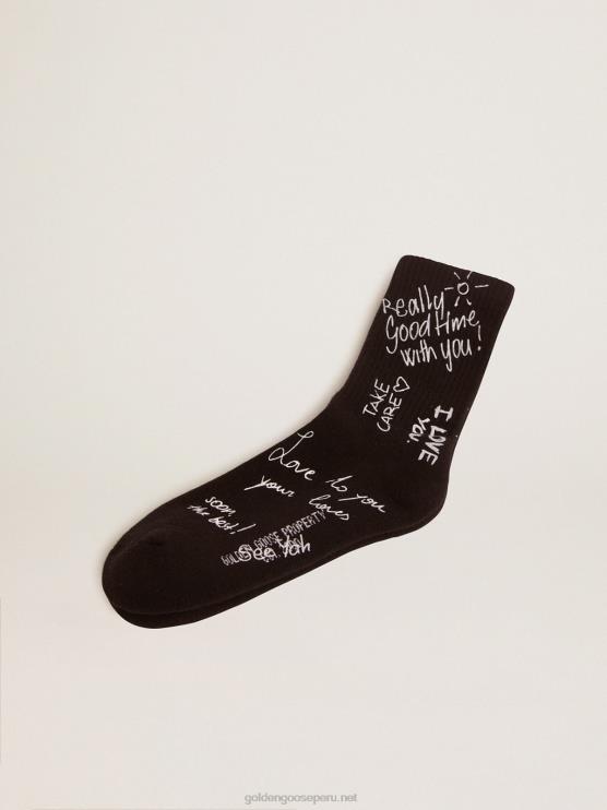 FDVPX408mujer calcetines negros con letras doradas blancas