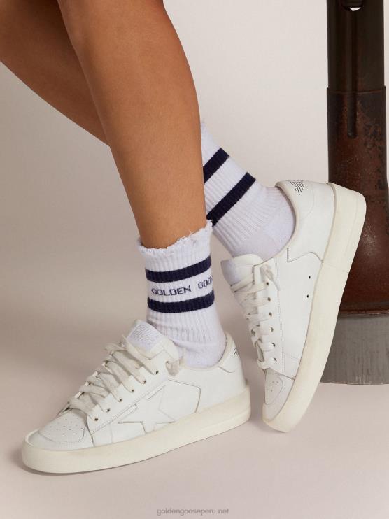 FDVPX409 Golden Goose mujer calcetines de algodón con acabados envejecidos rayas azules y logo