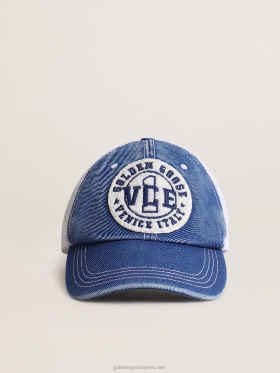 FDVPX358 Golden Goose mujer gorro de algodón azul claro vintage con malla blanca y parche en la parte delantera