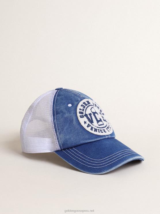 FDVPX358 Golden Goose mujer gorro de algodón azul claro vintage con malla blanca y parche en la parte delantera