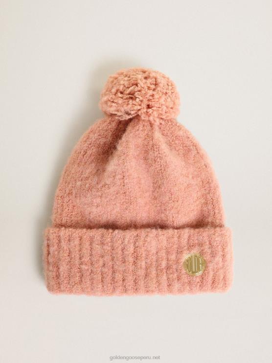 FDVPX393 Golden Goose mujer gorro de lana rosa palo con pompón colección travel