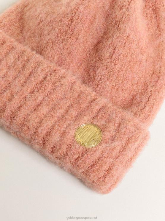 FDVPX393 Golden Goose mujer gorro de lana rosa palo con pompón colección travel