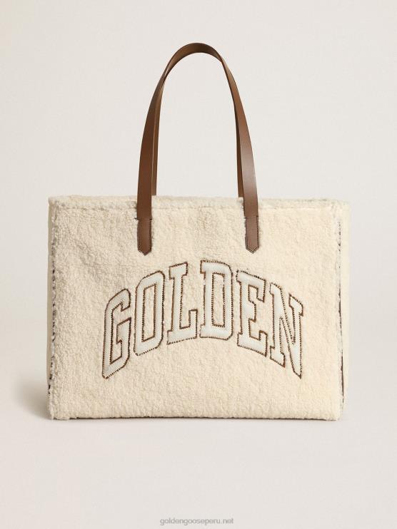 FDVPX446mujer bolso east-west california de pelo sintético blanco con letras doradas y asas en contraste