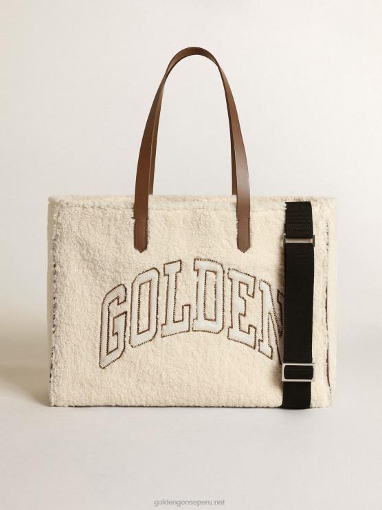FDVPX446mujer bolso east-west california de pelo sintético blanco con letras doradas y asas en contraste