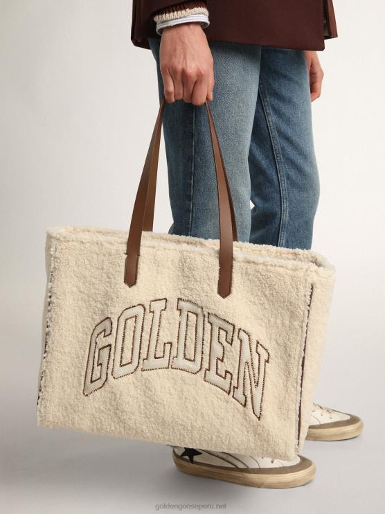 FDVPX446mujer bolso east-west california de pelo sintético blanco con letras doradas y asas en contraste
