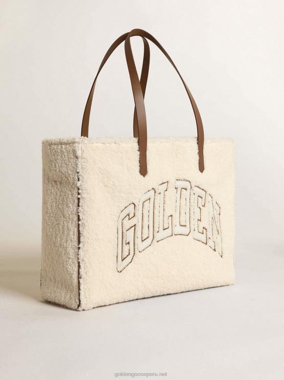 FDVPX446mujer bolso east-west california de pelo sintético blanco con letras doradas y asas en contraste