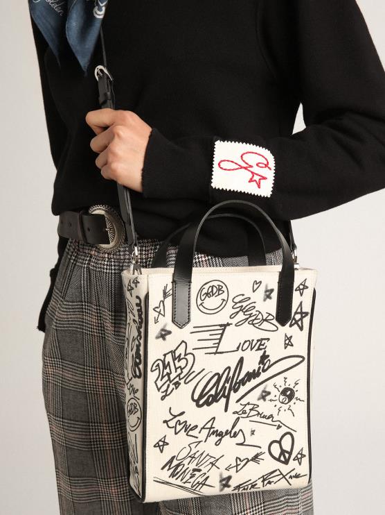FDVPX454 Golden Goose mujer Bolso mini california de algodón blanco con estampado negro en contraste