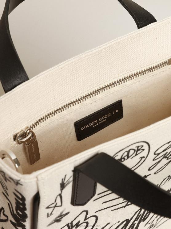 FDVPX454 Golden Goose mujer Bolso mini california de algodón blanco con estampado negro en contraste