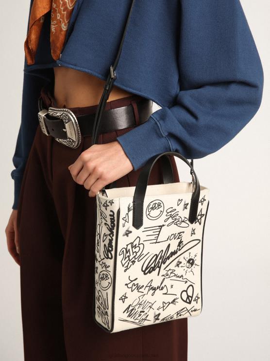 FDVPX454 Golden Goose mujer Bolso mini california de algodón blanco con estampado negro en contraste
