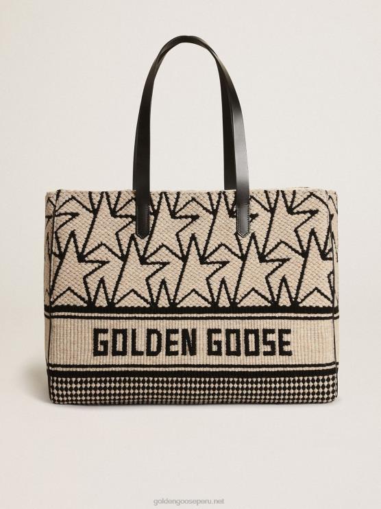 FDVPX461 Golden Goose mujer bolso east-west california de lana jacquard blanco leche con monogramas negros en contraste