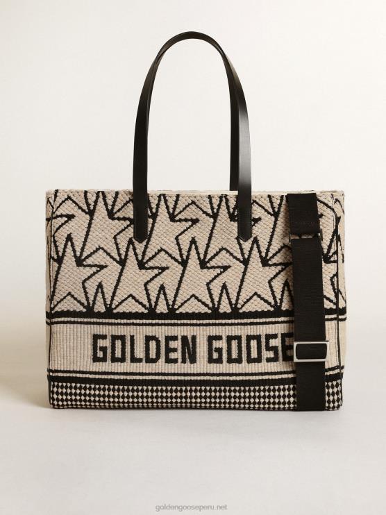 FDVPX461 Golden Goose mujer bolso east-west california de lana jacquard blanco leche con monogramas negros en contraste