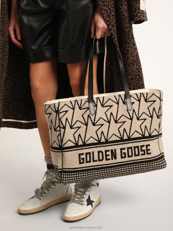 FDVPX461 Golden Goose mujer bolso east-west california de lana jacquard blanco leche con monogramas negros en contraste