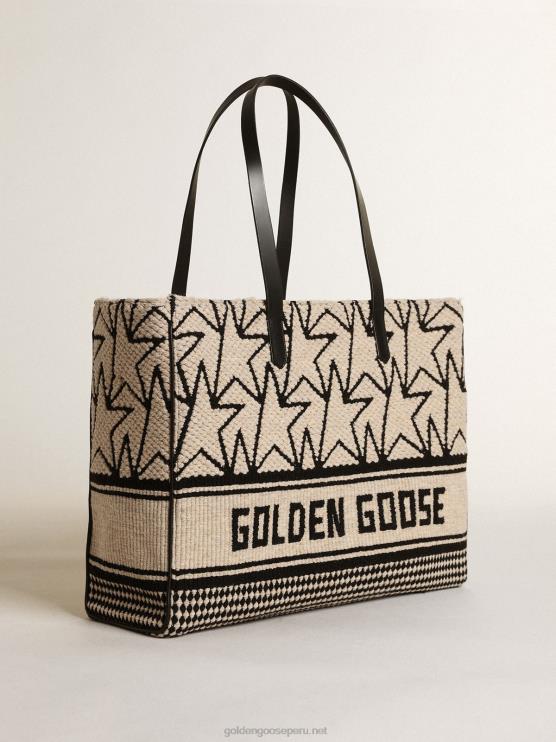 FDVPX461 Golden Goose mujer bolso east-west california de lana jacquard blanco leche con monogramas negros en contraste