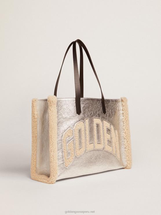 FDVPX489 Golden Goose mujer bolso east-west california en piel laminada plateada con inserciones de lana merino