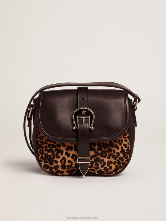 FDVPX475 Golden Goose mujer bolso rodeo pequeño de piel negra y piel de potro con estampado de leopardo