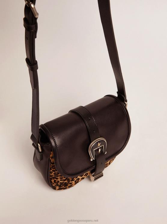 FDVPX475 Golden Goose mujer bolso rodeo pequeño de piel negra y piel de potro con estampado de leopardo