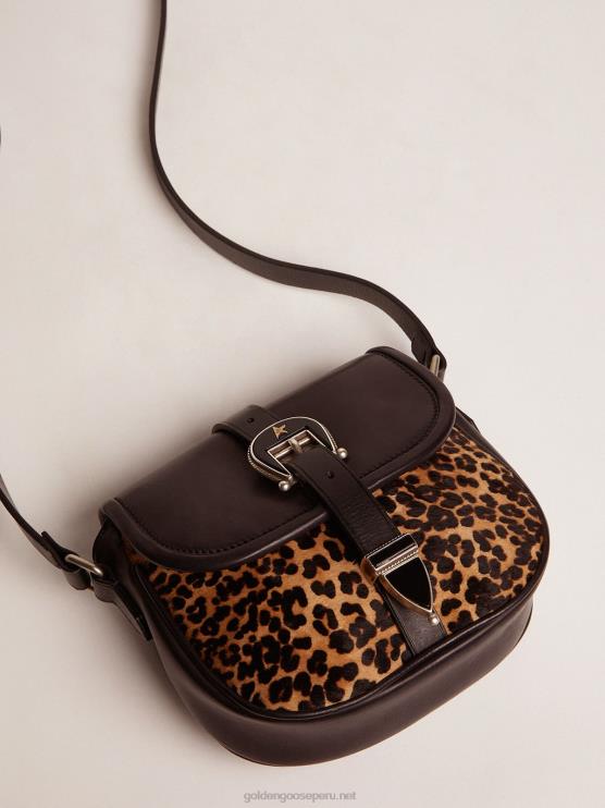 FDVPX475 Golden Goose mujer bolso rodeo pequeño de piel negra y piel de potro con estampado de leopardo