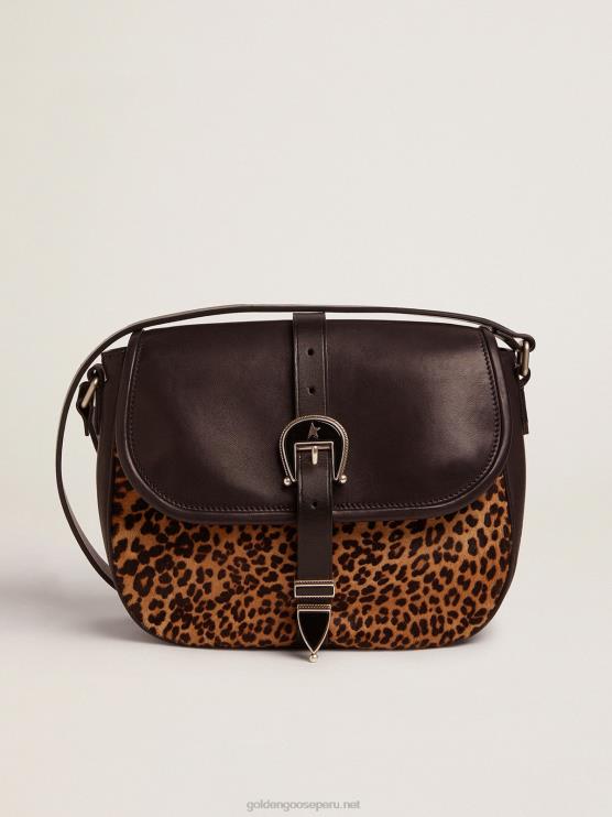 FDVPX476 Golden Goose mujer bolso rodeo mediano de piel negra y piel de potro con estampado de leopardo
