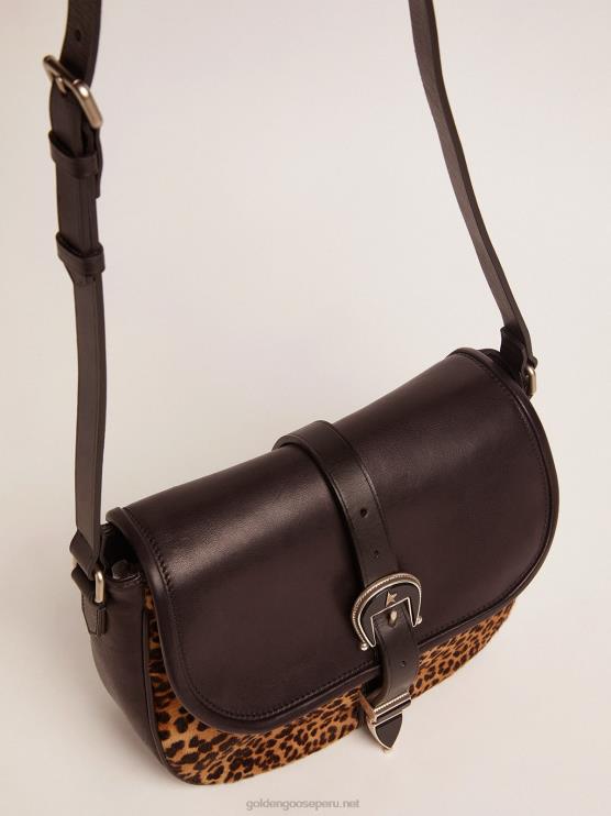 FDVPX476 Golden Goose mujer bolso rodeo mediano de piel negra y piel de potro con estampado de leopardo