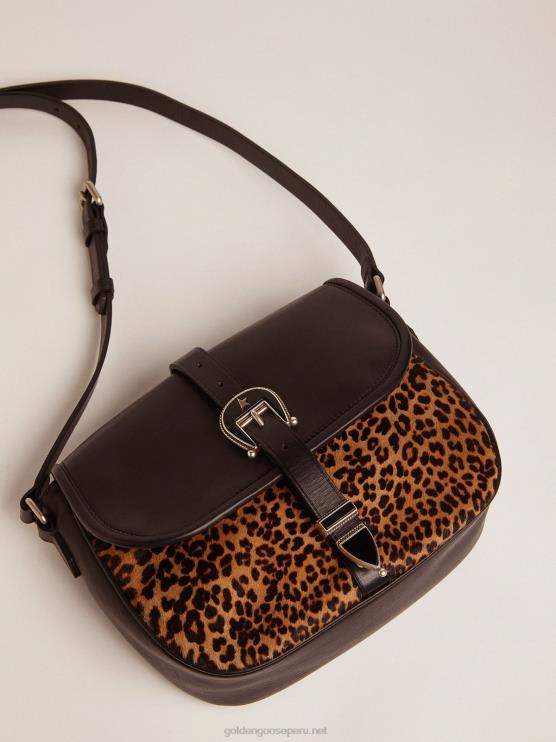 FDVPX476 Golden Goose mujer bolso rodeo mediano de piel negra y piel de potro con estampado de leopardo
