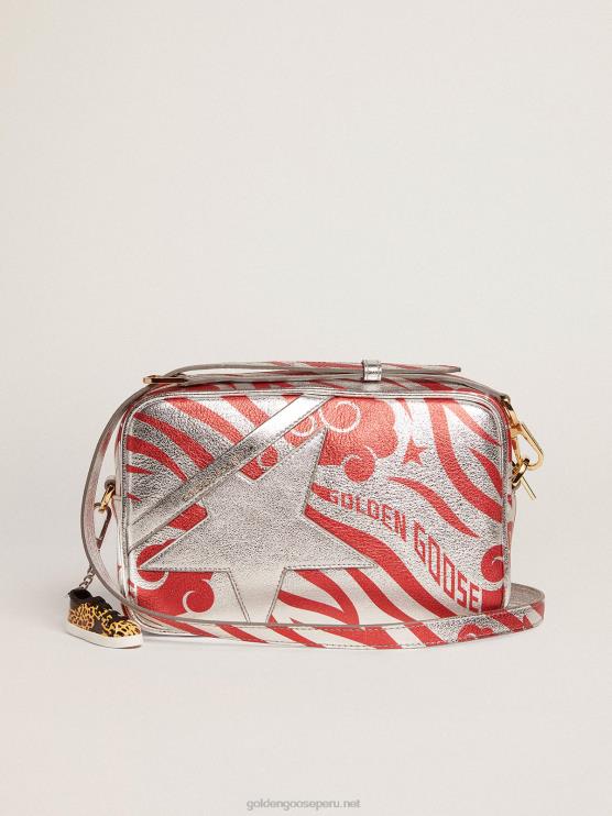 FDVPX460 Golden Goose mujer bolso star de piel laminada color plata con estampado cny de estrella tono sobre tono y rayas de tigre rojo