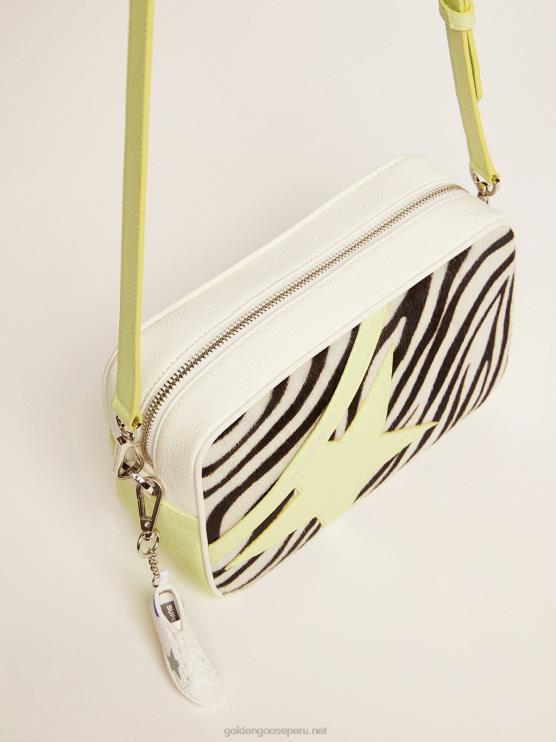 FDVPX463 Golden Goose mujer bolso star de piel martillada blanca y lima con aplicación de piel de potro con estampado de cebra