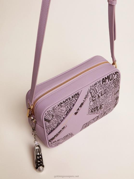 FDVPX464 Golden Goose mujer Bolso estrella de piel martillada lila con estrella de piel tono sobre tono y estampado de grafitis negro all over