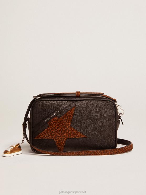 FDVPX471 Golden Goose mujer bolso star de piel marrón oscuro con estrella de ante con estampado de leopardo