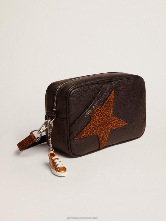 FDVPX471 Golden Goose mujer bolso star de piel marrón oscuro con estrella de ante con estampado de leopardo