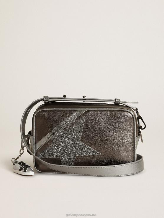 FDVPX487 Golden Goose mujer bolso estrella en piel laminada plata y gris antracita con estrella de cristal swarovski