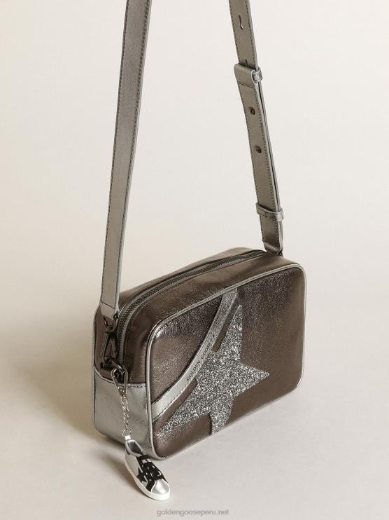 FDVPX487 Golden Goose mujer bolso estrella en piel laminada plata y gris antracita con estrella de cristal swarovski