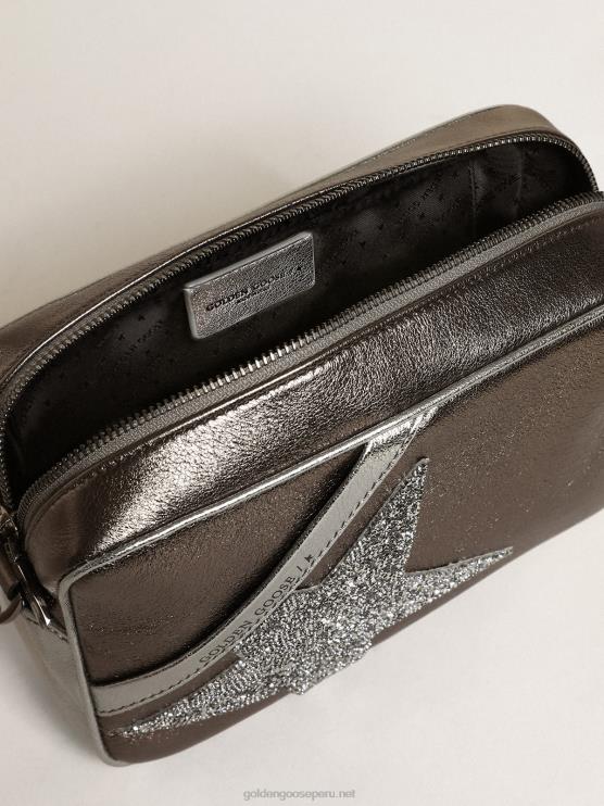 FDVPX487 Golden Goose mujer bolso estrella en piel laminada plata y gris antracita con estrella de cristal swarovski