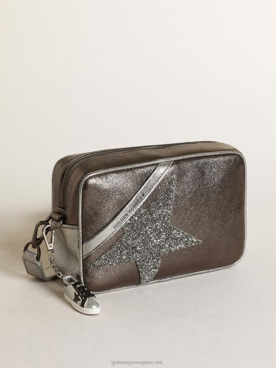 FDVPX487 Golden Goose mujer bolso estrella en piel laminada plata y gris antracita con estrella de cristal swarovski