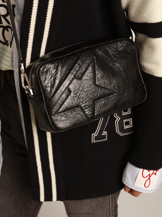 FDVPX488 Golden Goose mujer Bolso estrella de piel negra brillante con estrella tono sobre tono
