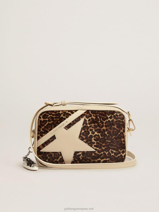 FDVPX492 Golden Goose mujer bolso estrella blanco roto con aplicación de piel de potro con estampado de leopardo
