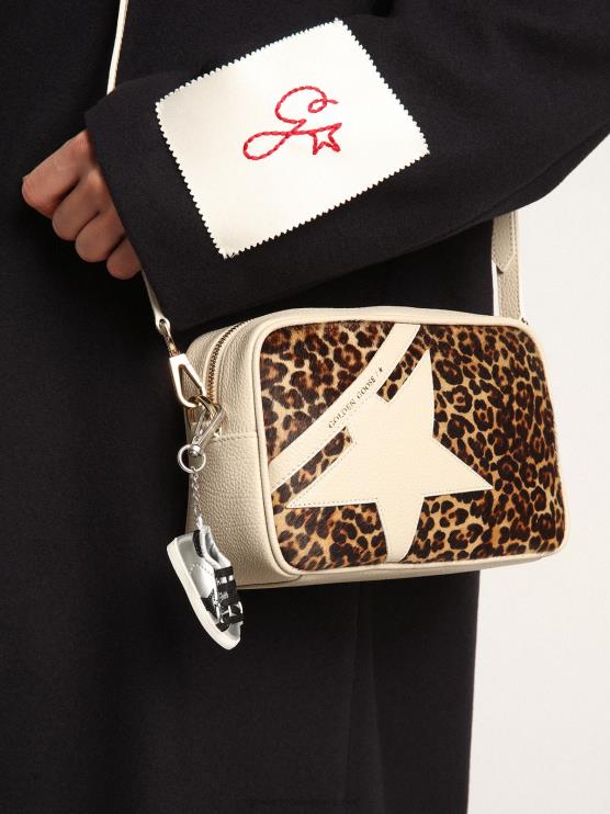 FDVPX492 Golden Goose mujer bolso estrella blanco roto con aplicación de piel de potro con estampado de leopardo