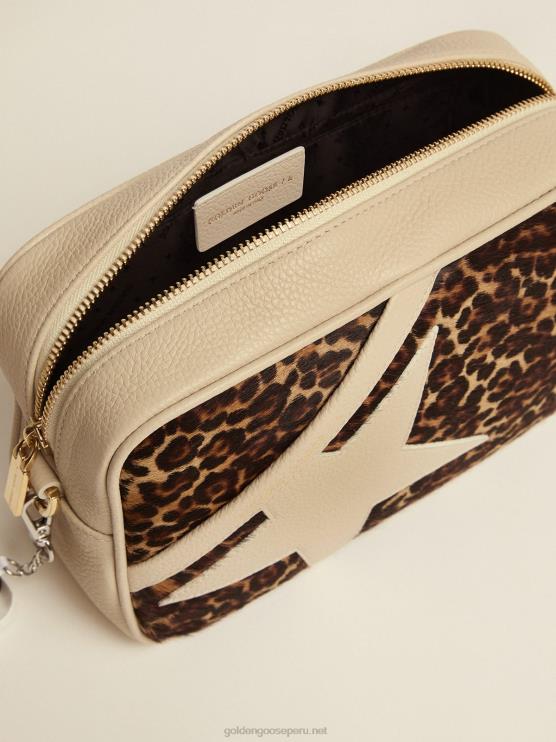 FDVPX492 Golden Goose mujer bolso estrella blanco roto con aplicación de piel de potro con estampado de leopardo